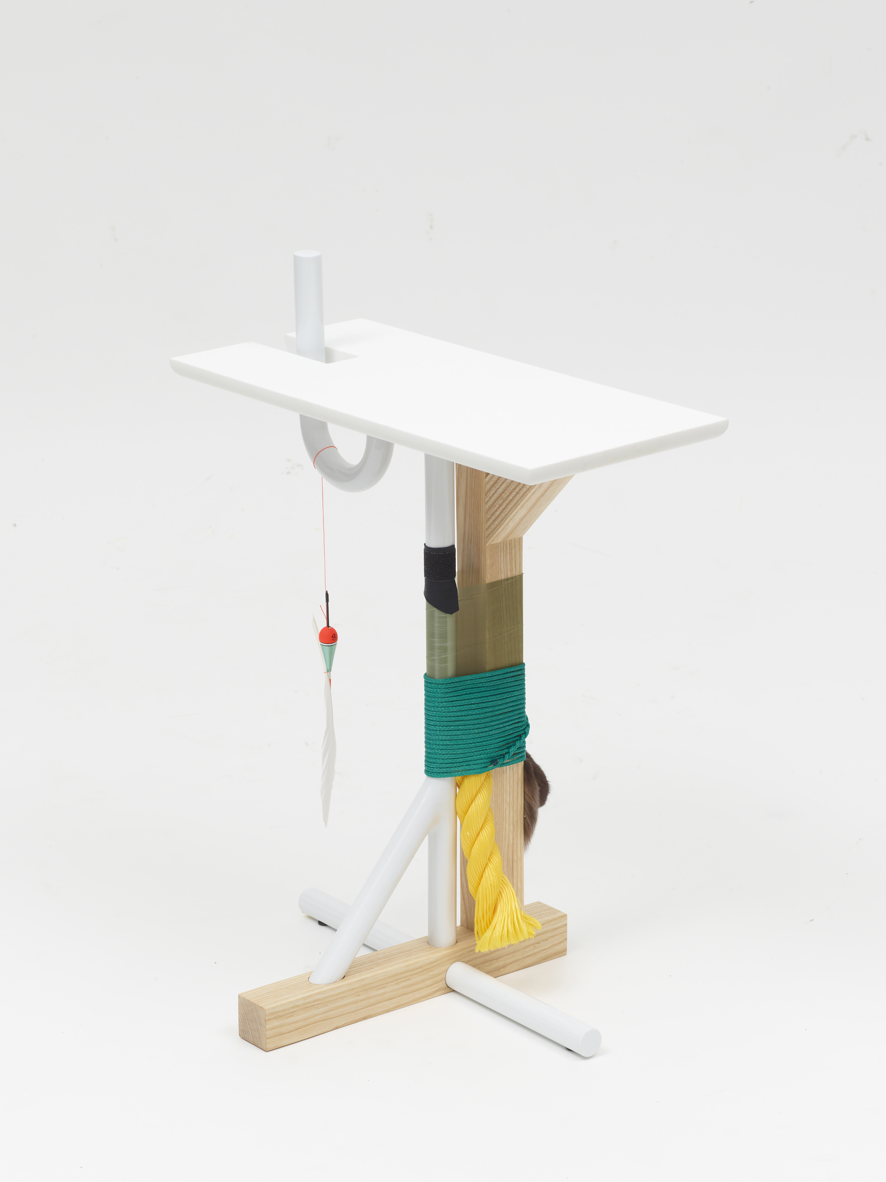 Brynjar Sigurðarson (Icelandic, active in Switzerland, b. 1986) for Galerie Kreo (Paris, France, founded 1999); White Side Table, from The Silent Village Collection, 2013; Ash wood, metal, Krion, ropes, nylon strings, feathers, fur, leather, printed fabrics, chains and hooks; 63.5 × 48 × 33.5 cm (25 in. × 18 7/8 in. × 13 3/16 in.)
