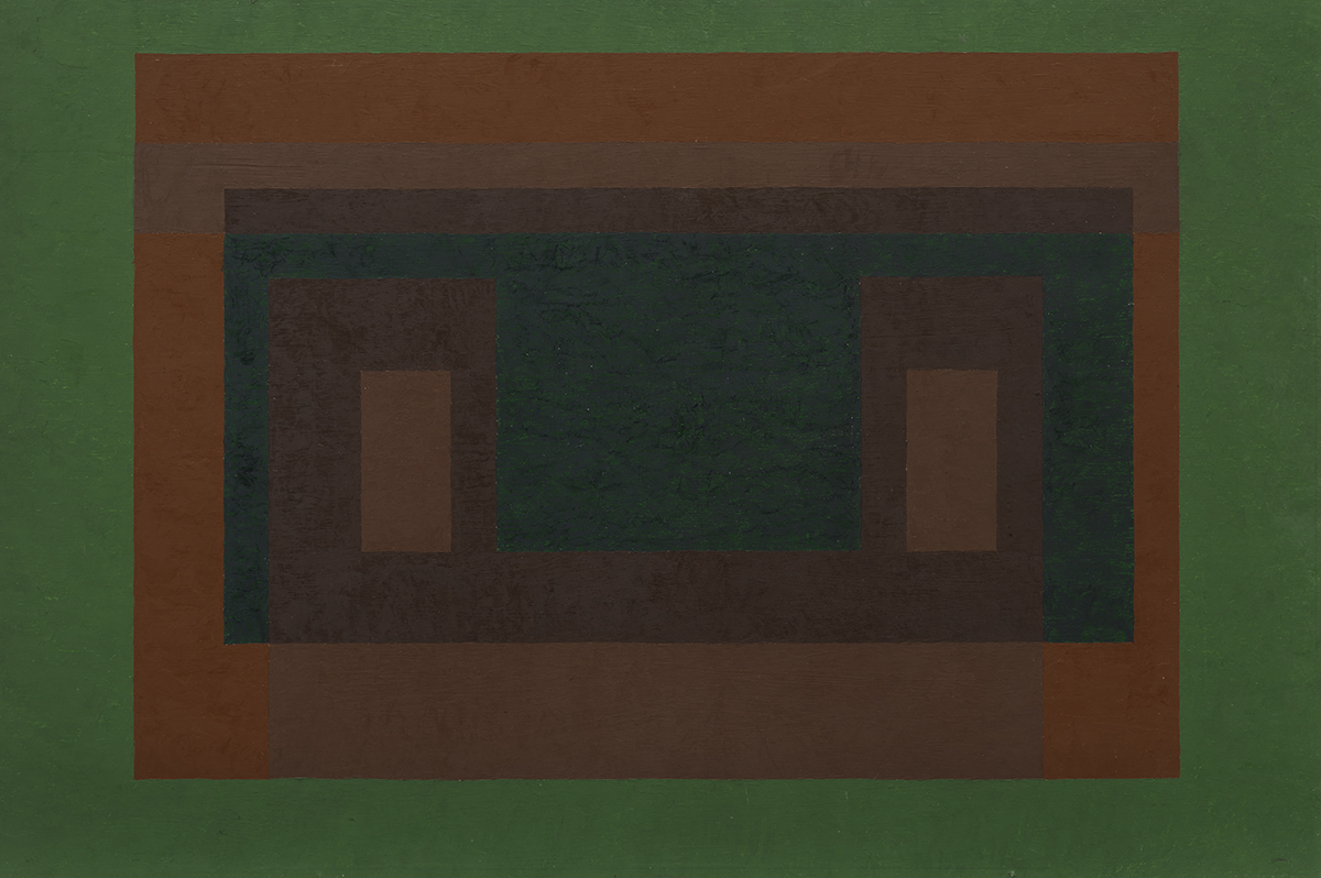 Josef Albers Variant/Adobe ca. 1947 Oil on Masonite 23 3/8 x 35 1/8 x 3/16 inches (59.2 x 89.2 x .4 cm) Solomon R. Guggenheim Museum, New York, Gift, The Josef Albers Foundation, Inc., 1991 91.3881