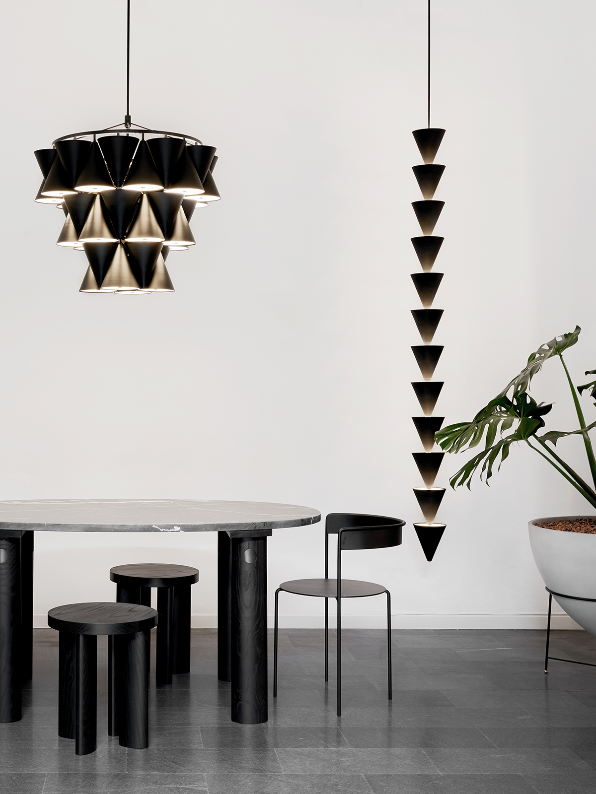 Matter Made - Legato Chandelier - Legato String Pendant - Orbit Stools- Avoa Chairs - Orbit Table - Oca Planter