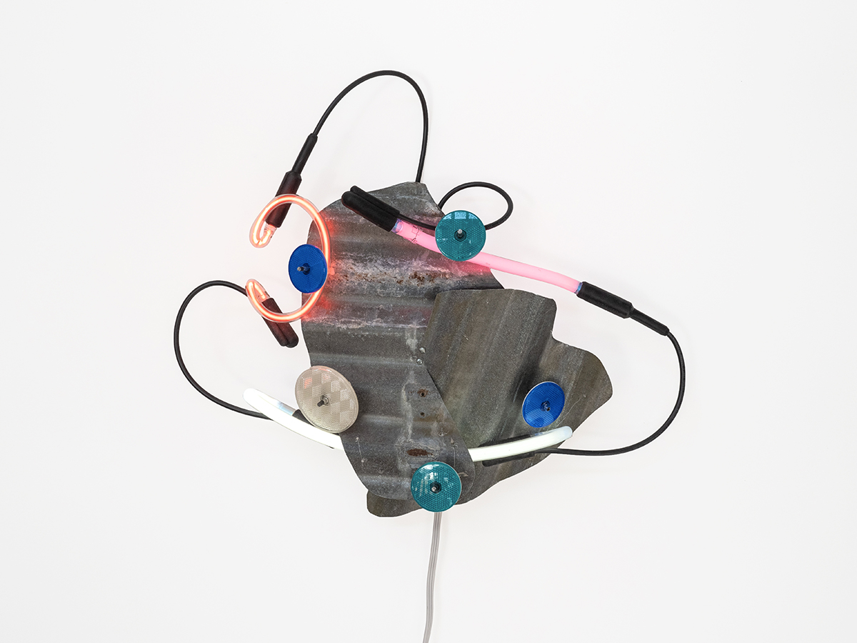 Zinc Study, 2019, neon, wire, corrugated steel, plastic reflectors, 21 x 23 x 8"