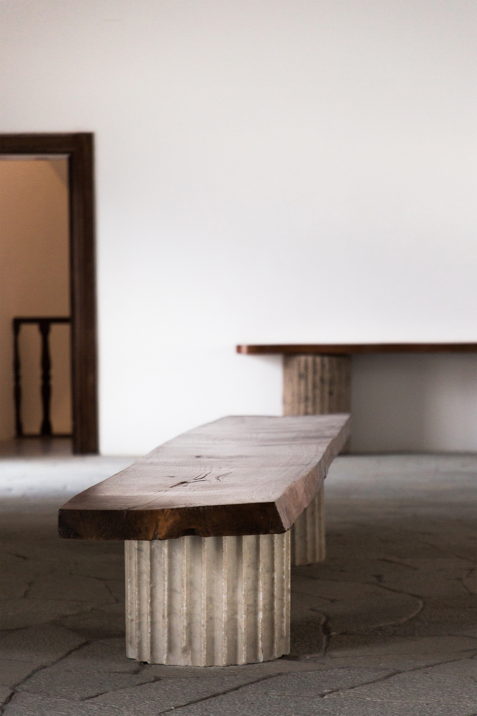 Original walnut and Carrara marble bench conceived by Curzio Malaparte in situ at Casa Malaparte, Capri 2