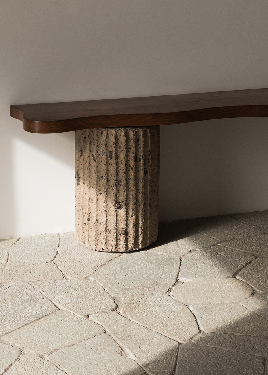 Original walnut and tuff console conceived by Curzio Malaparte in situ at Casa Malaparte, Capri 2