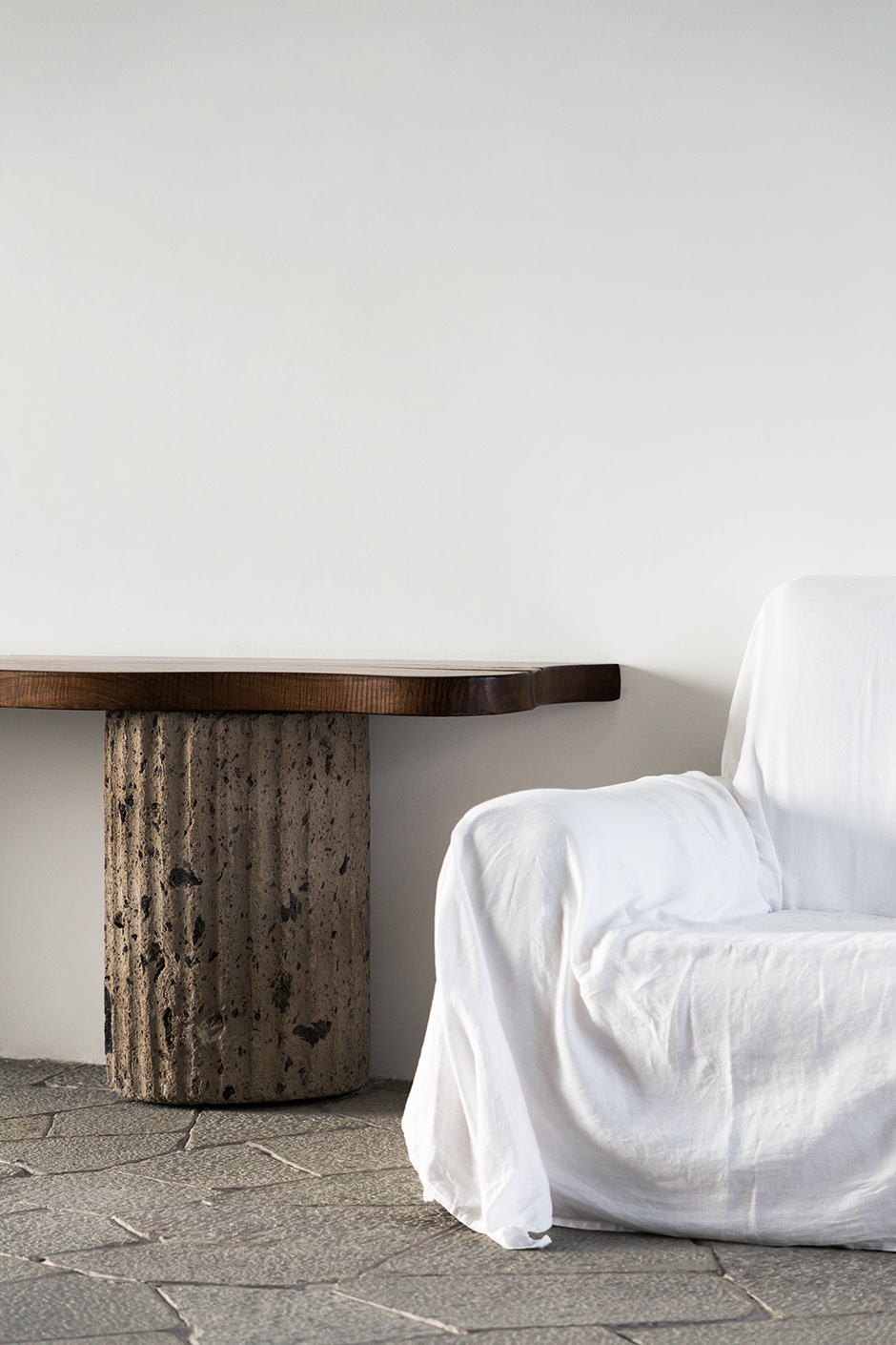 Original walnut and tuff console conceived by Curzio Malaparte in situ at Casa Malaparte, Capri 3