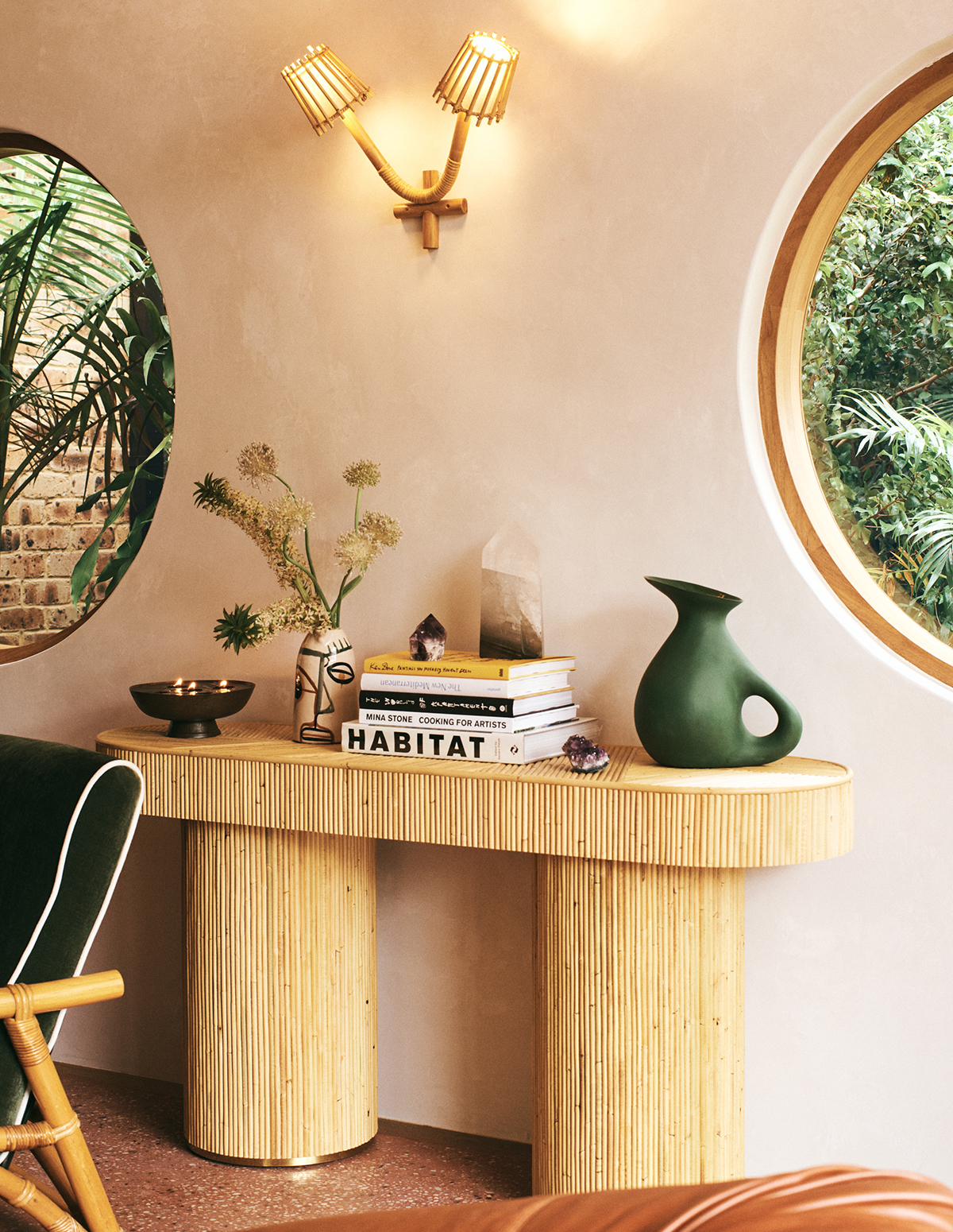 The Library at The Sunseeker, Byron Bay; console by Sarah Ellison; Soft Edge Studio ceramic jug (photo credit. James Tolic)